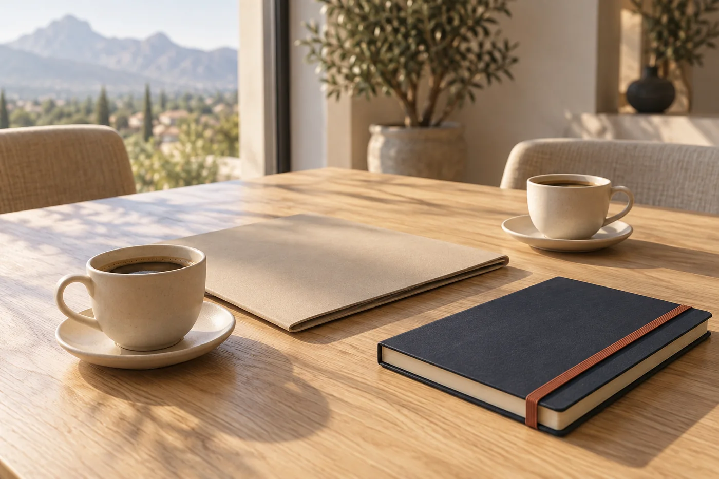 Toplantı masasında iki kahve fincanı, bir dosya ve defter